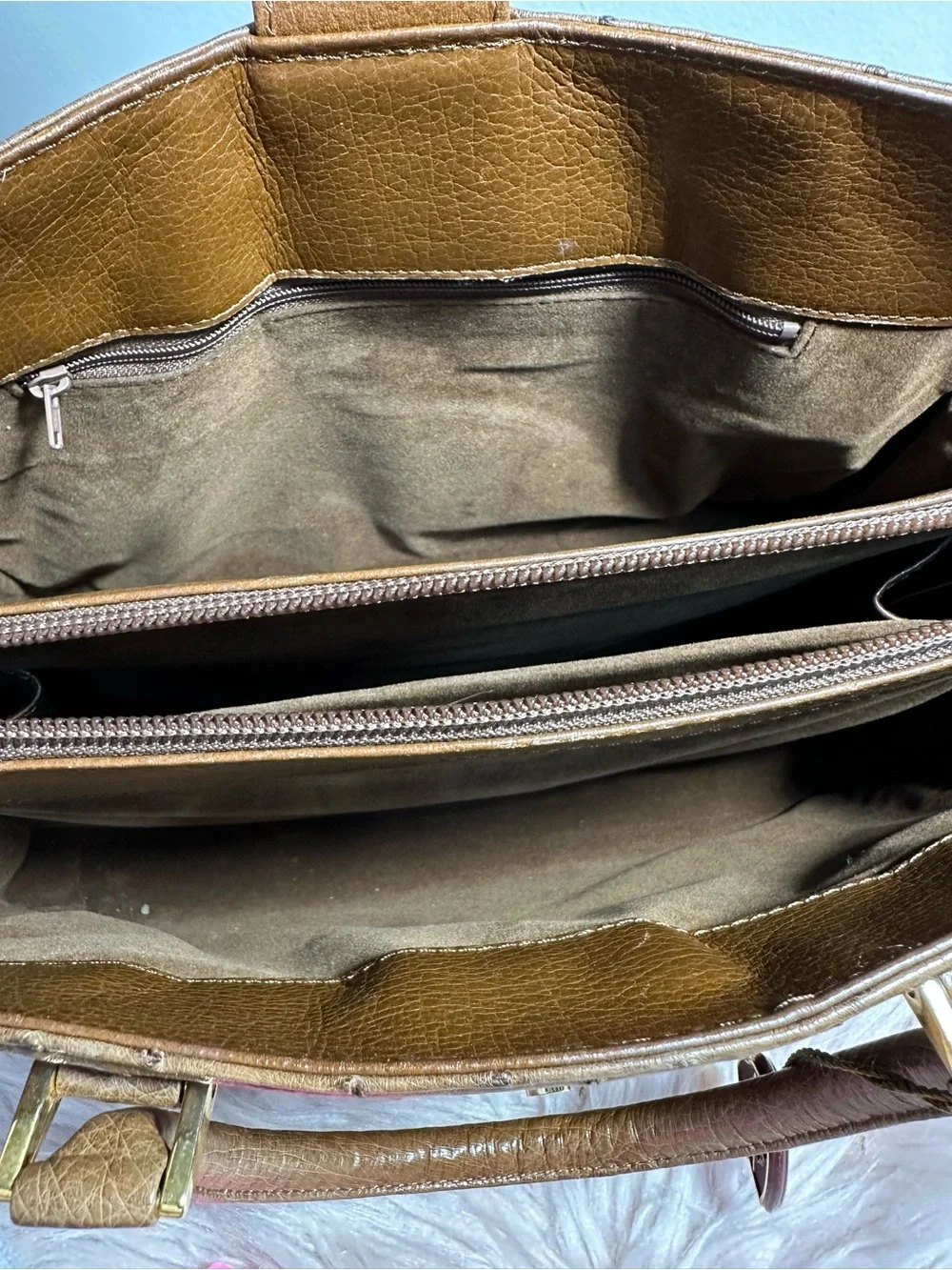 Brown Ostrich-Texture Satchel with Top Handles